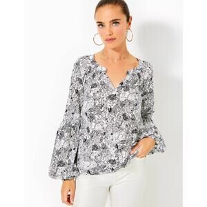 Lilly Pulitzer Womens L Black White Floral Zebra Sullivan Puff Sleeve Blouse
